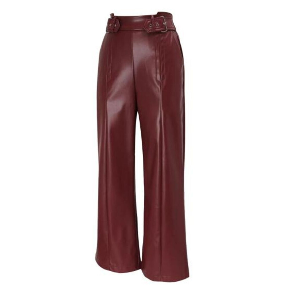 (wine red, S) Women Flared Pants Slim High Waist Loose Pockets Faux Leather Elastic Waist Wide Leg Streetwear Solid Color Trousers for Work Leisure Daily Wear