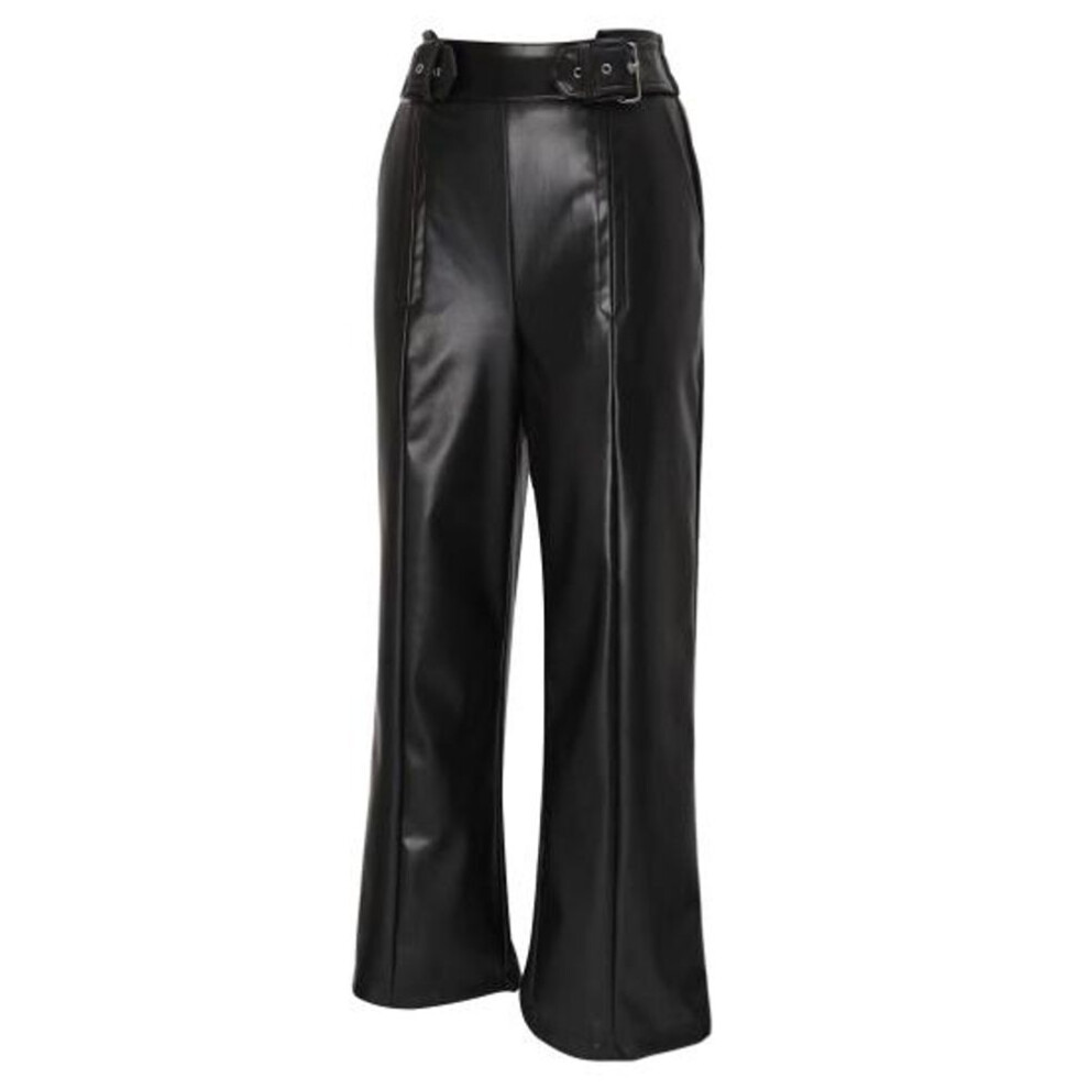 (black, M) Women Flared Pants Slim High Waist Loose Pockets Faux Leather Elastic Waist Wide Leg Streetwear Solid Color Trousers For Work Leisure Daily Wear