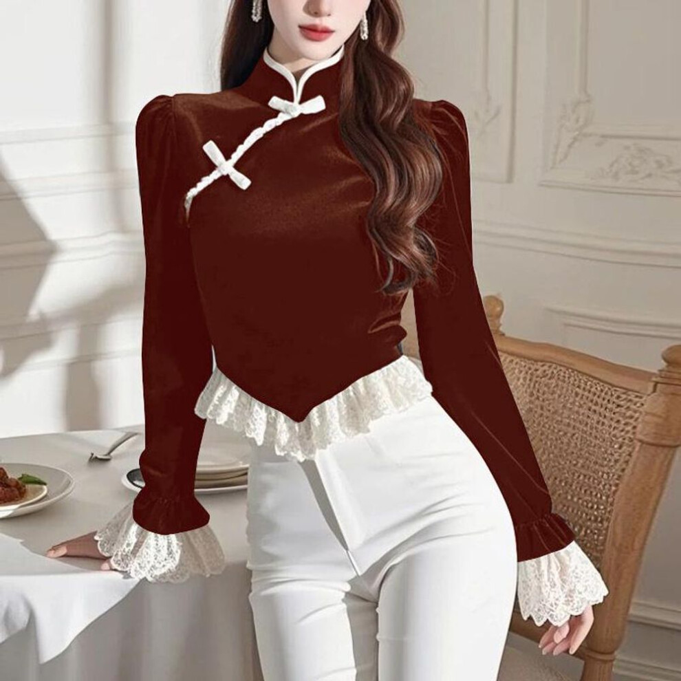 (3XL, brown) VONDA Women Autumn Stand Collar Long Sleeve Lace Blouses