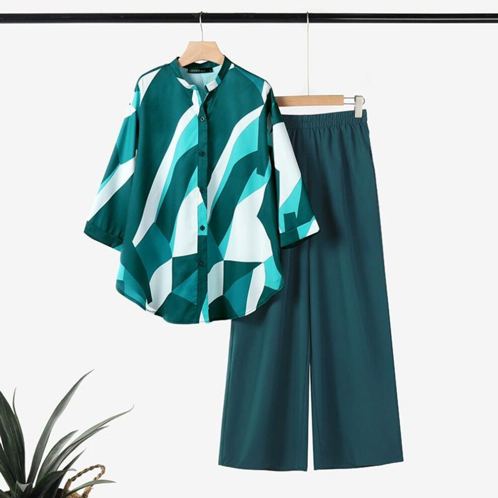 (green, M) Zanzea Women Print Blouse And Pants Casual Two Piece Suit Sets