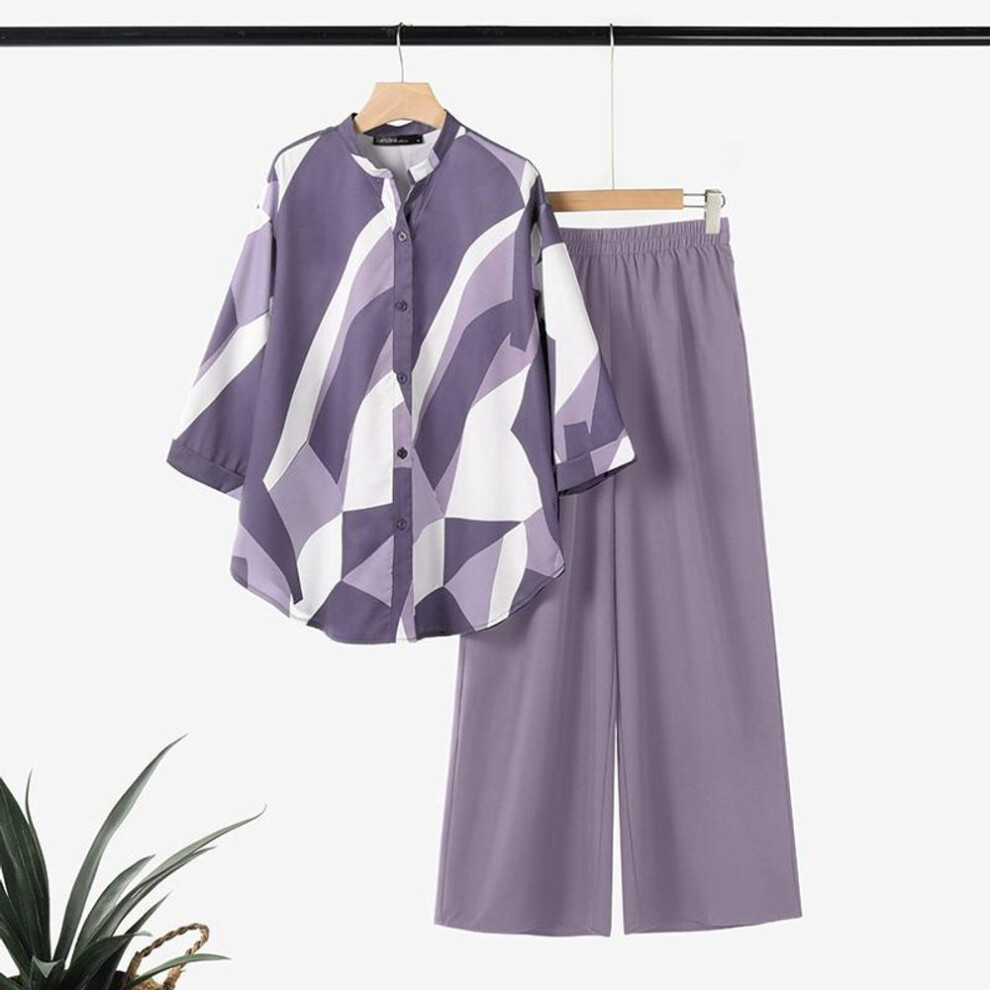 (purple, S) ZANZEA Women Print Blouse and Pants Casual Two Piece Suit Sets