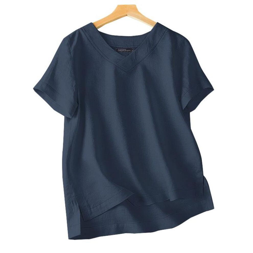 (2XL, dark blue) ZANZEA Women Casual Short Sleeve V-neck Cotton Summer Blouse