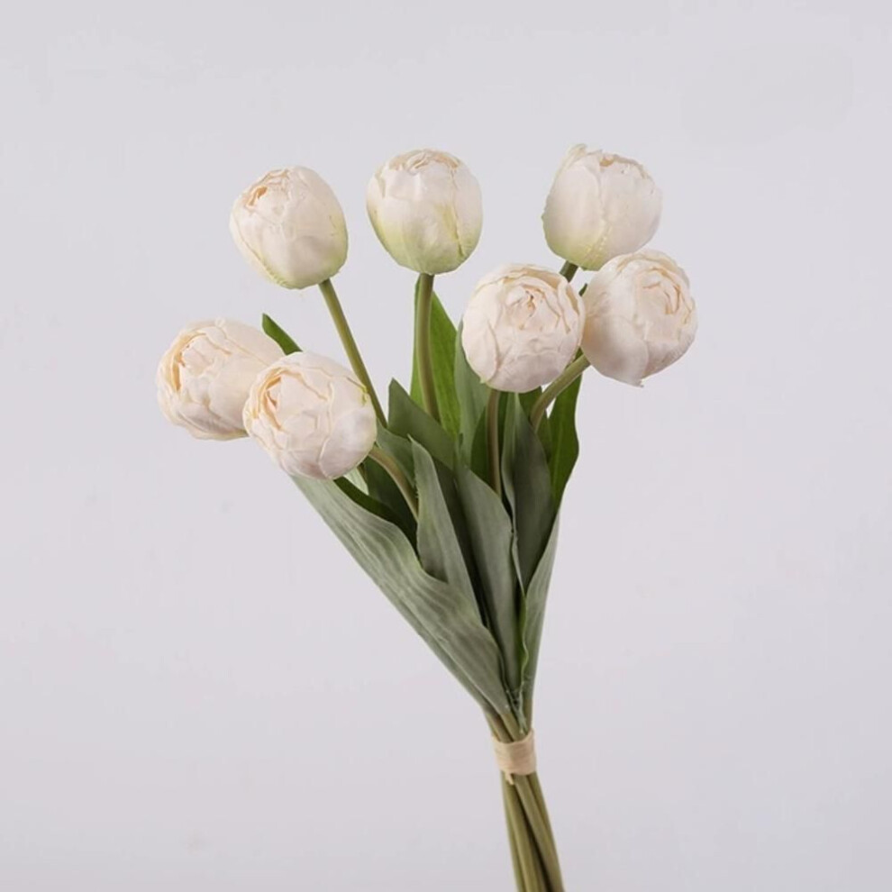 (beige) 1 Bunch Real Touch Tulips Artificial Flowers 7 Heads Tulips with Stem Realistic Artificial Flowers Silk Flowers Wedding Bouquet Party Home Decorations