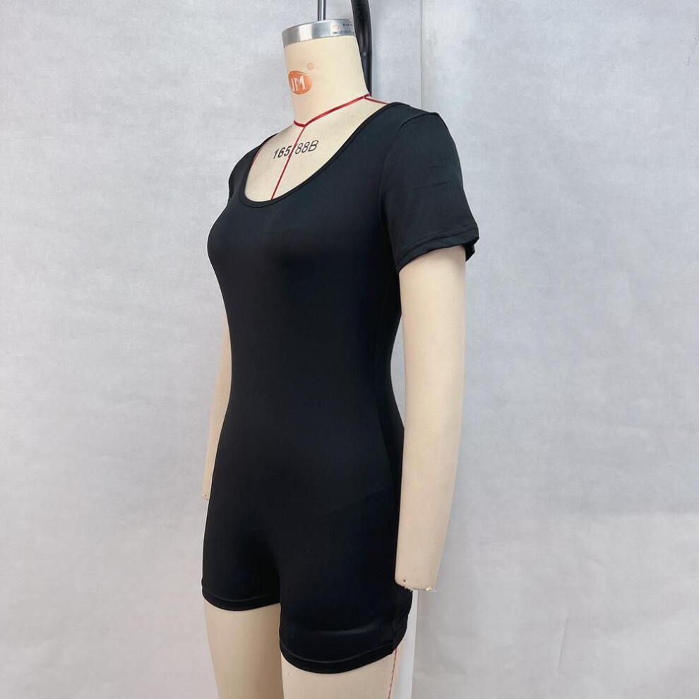 (M, black) Women's Summer Round Neck Short Sleeve Backless Tie Bodysuit