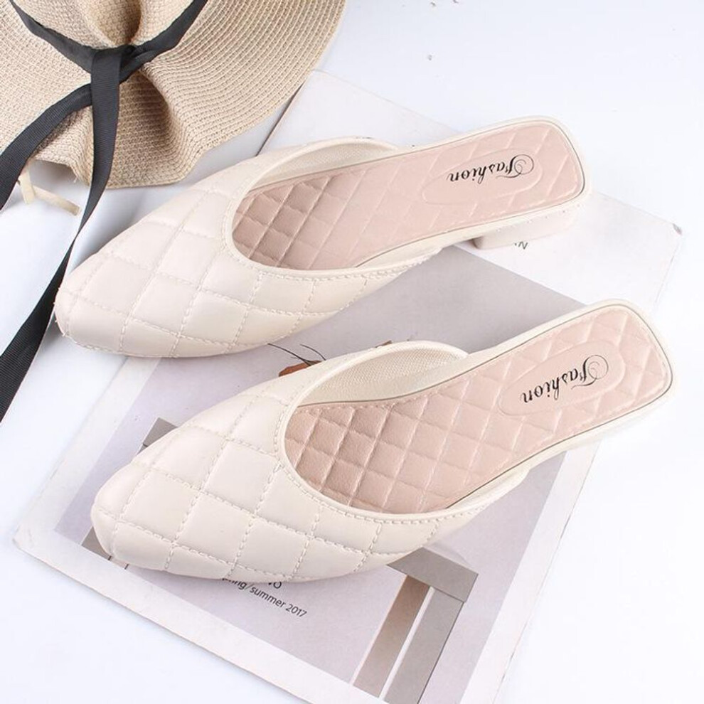 (apricot, A155 plaid half-slippers, size 38-39) Helisha Women's Summer Pointed Toe Slip-on Flats - Casual, Solid Color, Fashionable Half Slippers