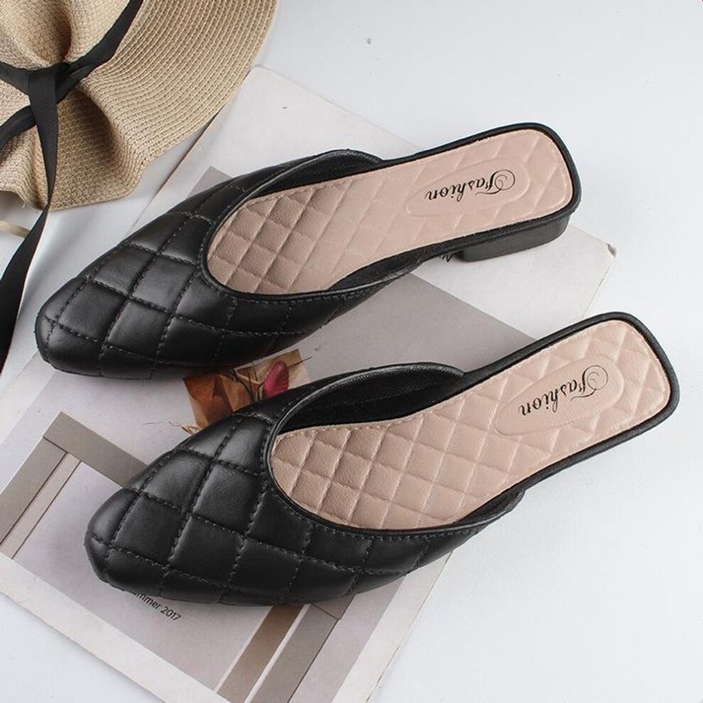 (black, A155 plaid half-slippers, size 36-37) Helisha Women's Summer Pointed Toe Slip-On Flats - Casual, Solid Color, Fashionable Half Slippers