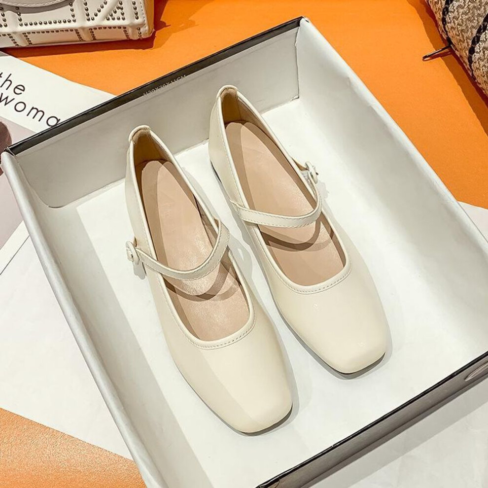 (off white, 37) Mary Jane Little Red Shoes: 2024 Spring & Autumn, Shallow Square Toe, Low Thick Heel, One-Strap, Simple, Versatile, Comfortable.