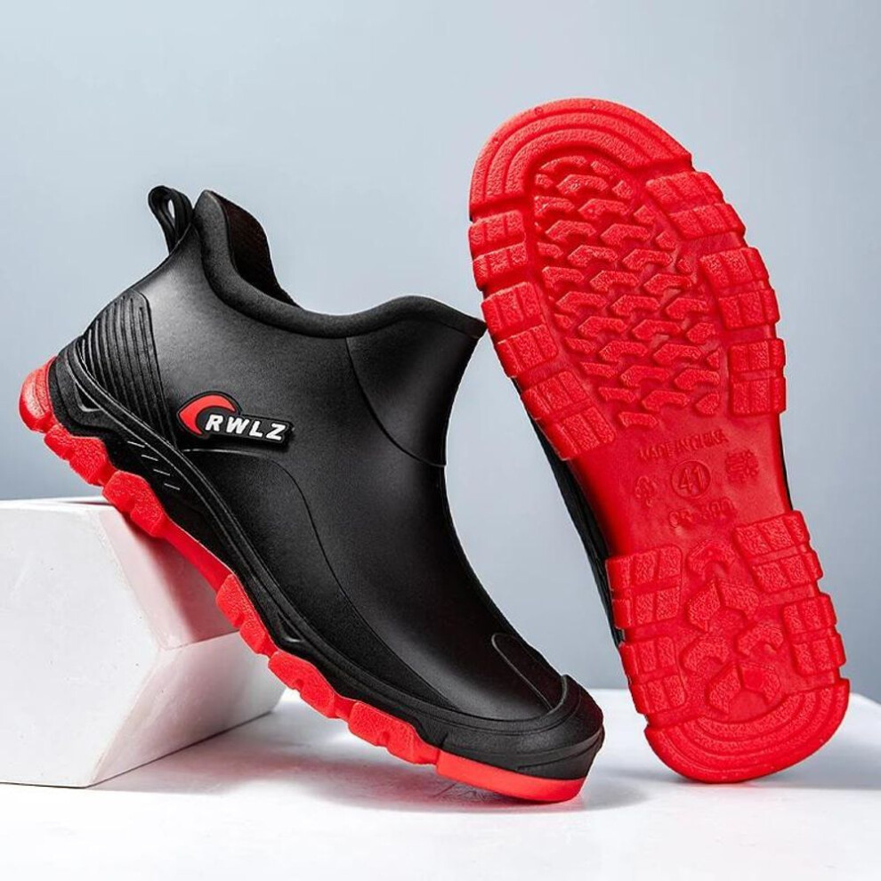 (black,red, 42) Rain Boots For Men Fashionable All-season Non-slip Waterproof Rubber Shoes For Fishing Work, Car Wash Wear-resistant Water Boots