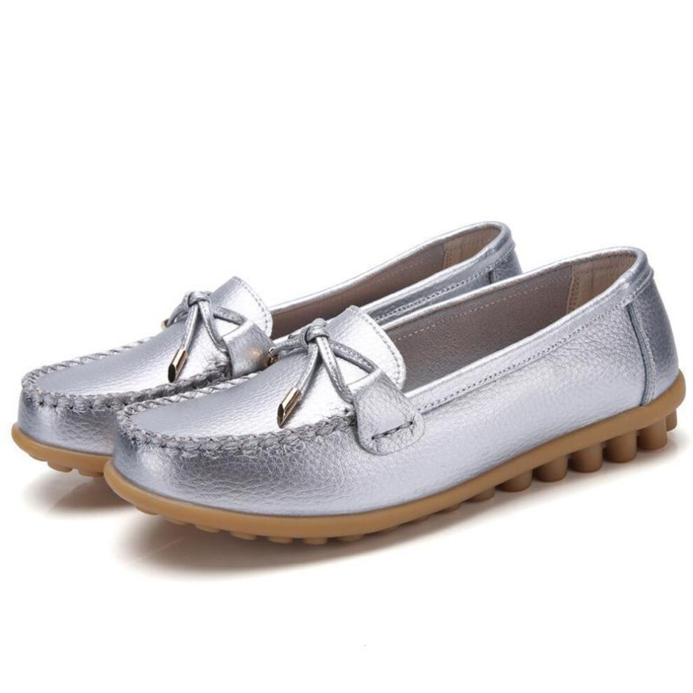 (silver, 41) 2023 Spring/summer Women's Large Size Casual Shoes: Two-layer Cowhide White Flats For Nurses And Moms