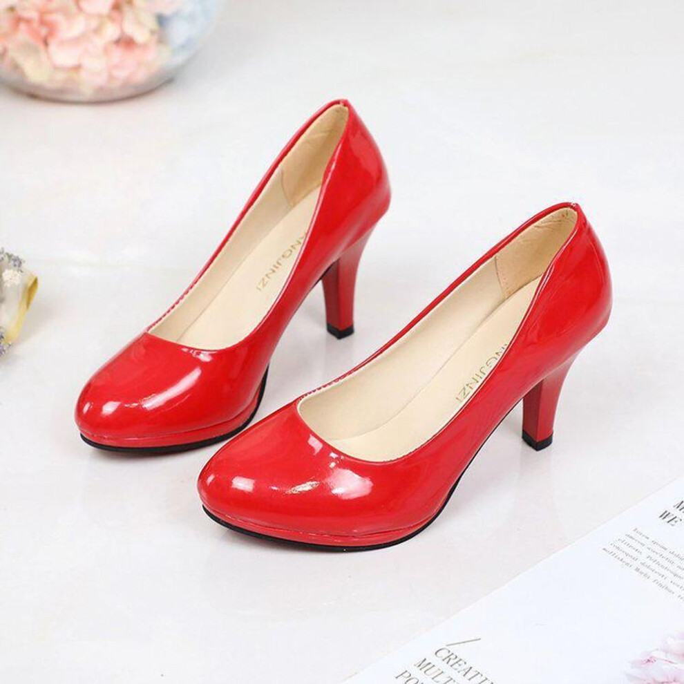 (red, 37) 2023 Patent Leather Women's High Heel Platform Shoes with Round Toe