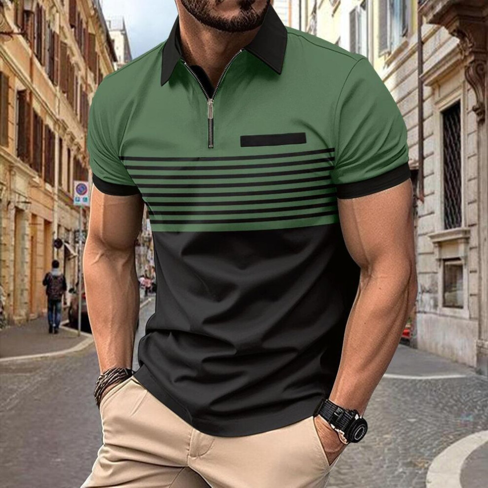 (green, M) 2024 Men's Striped Casual Polo Shirt with Zippered Chest Pocket
