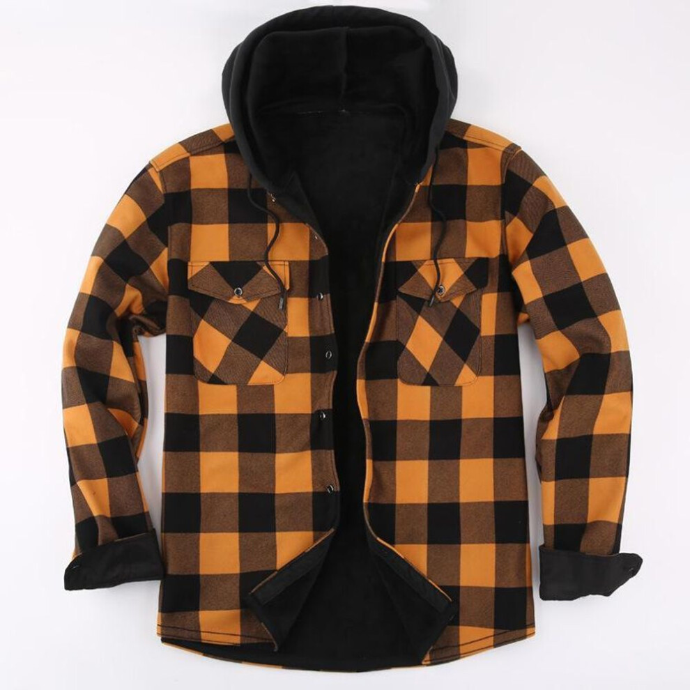 (lemon yellow, L) Men's Plaid Hooded Fleece-Lined Jacket - Plus Size, Long Sleeve, Warm, Casual Winterwear