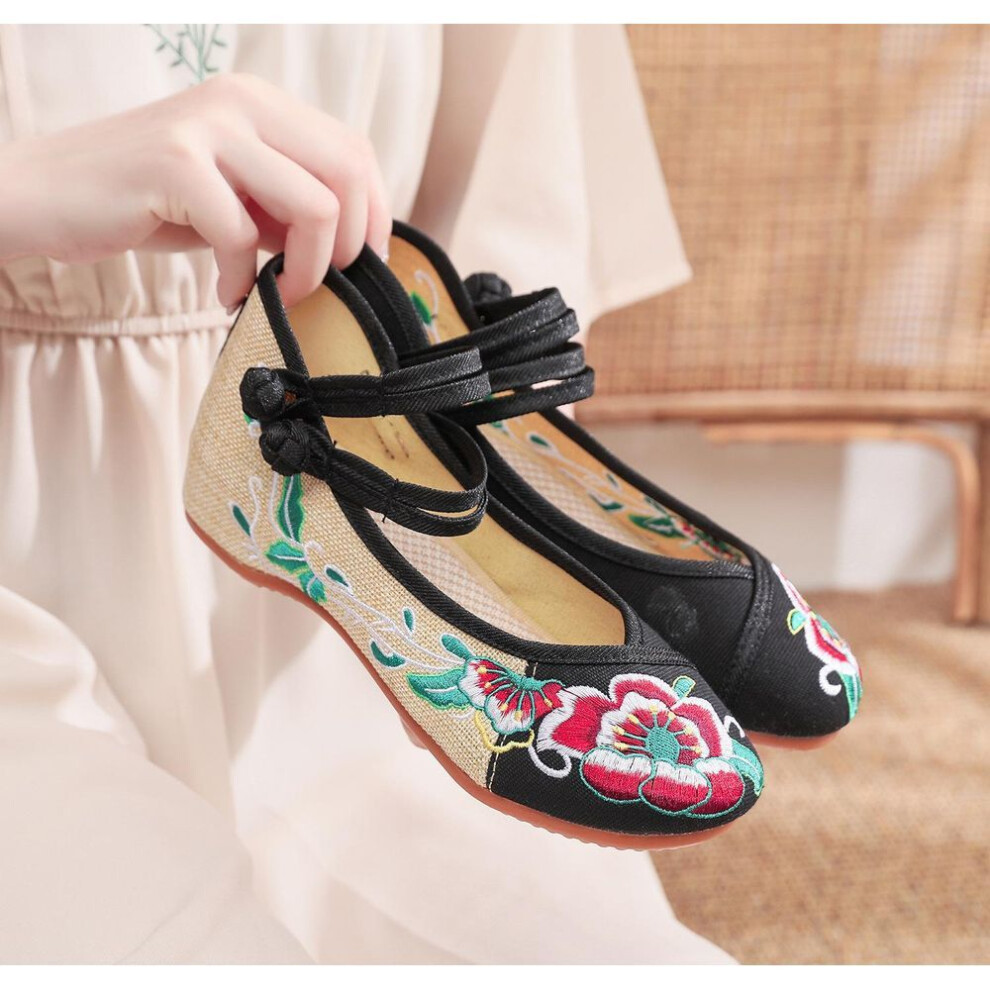 (black, 39) Women's Round-Toe Canvas Shoes with Cowhide Sole - Embroidered, Low-Heel, for Spring and Autumn
