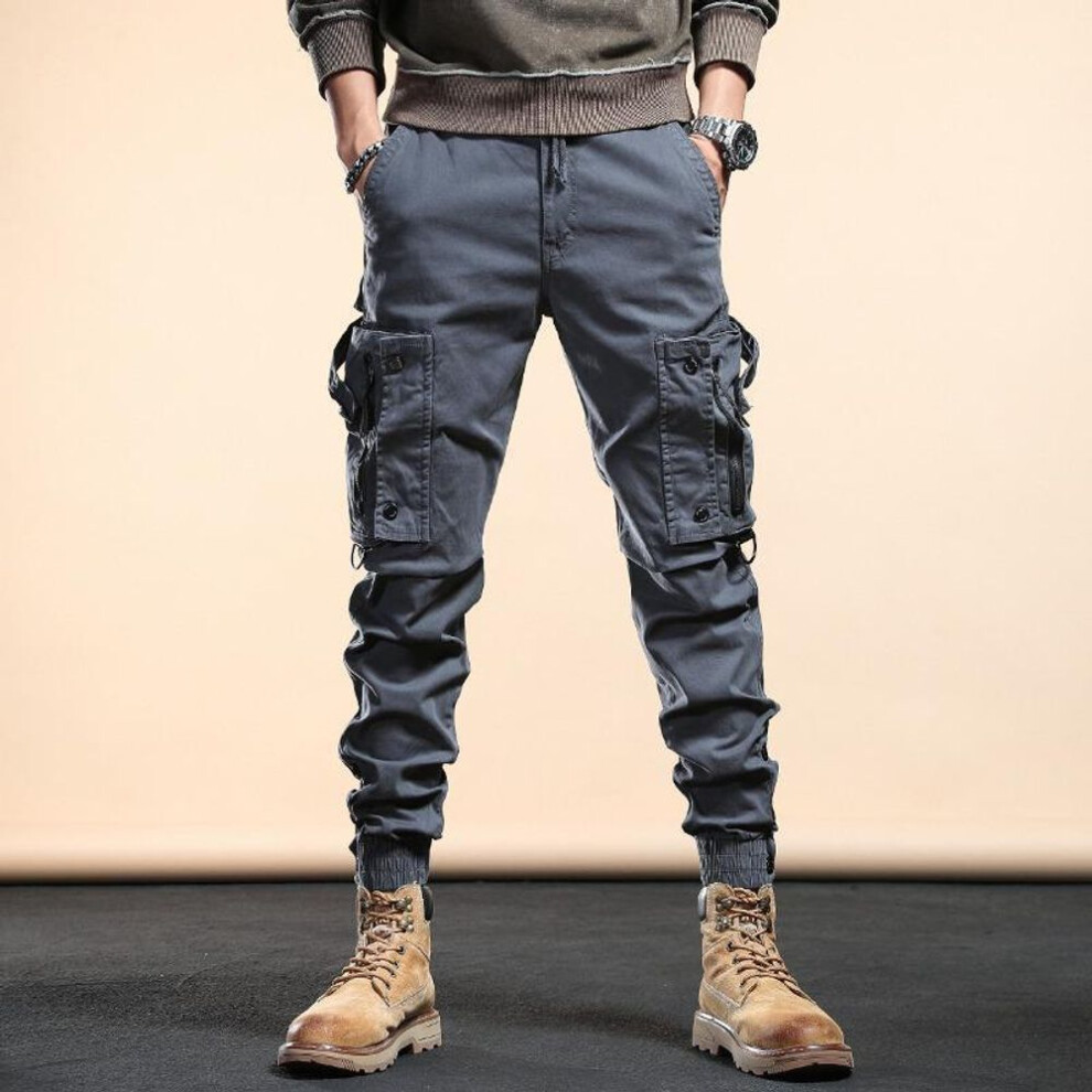 (grey, M) Men's Military-style Retro Multi-pocket Overalls: European & American Trendy Leggings