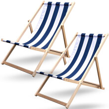 (Marine, Set of 2) Traditional Folding Wood Deck Chairs Adjustable Seaside Lounger with  Canvas Fabric