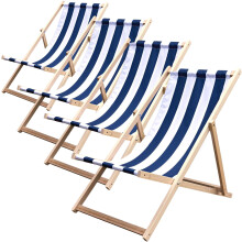 (Marine, Set of 4) Traditional Folding Wood Deck Chairs Adjustable Seaside Lounger with  Canvas Fabric