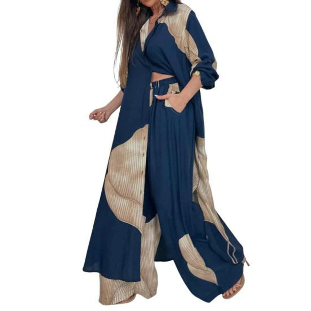 (blue, XXL) Women V-neck Patchwork Printed Top And Pants Suit Contrasting Color Commuting Set