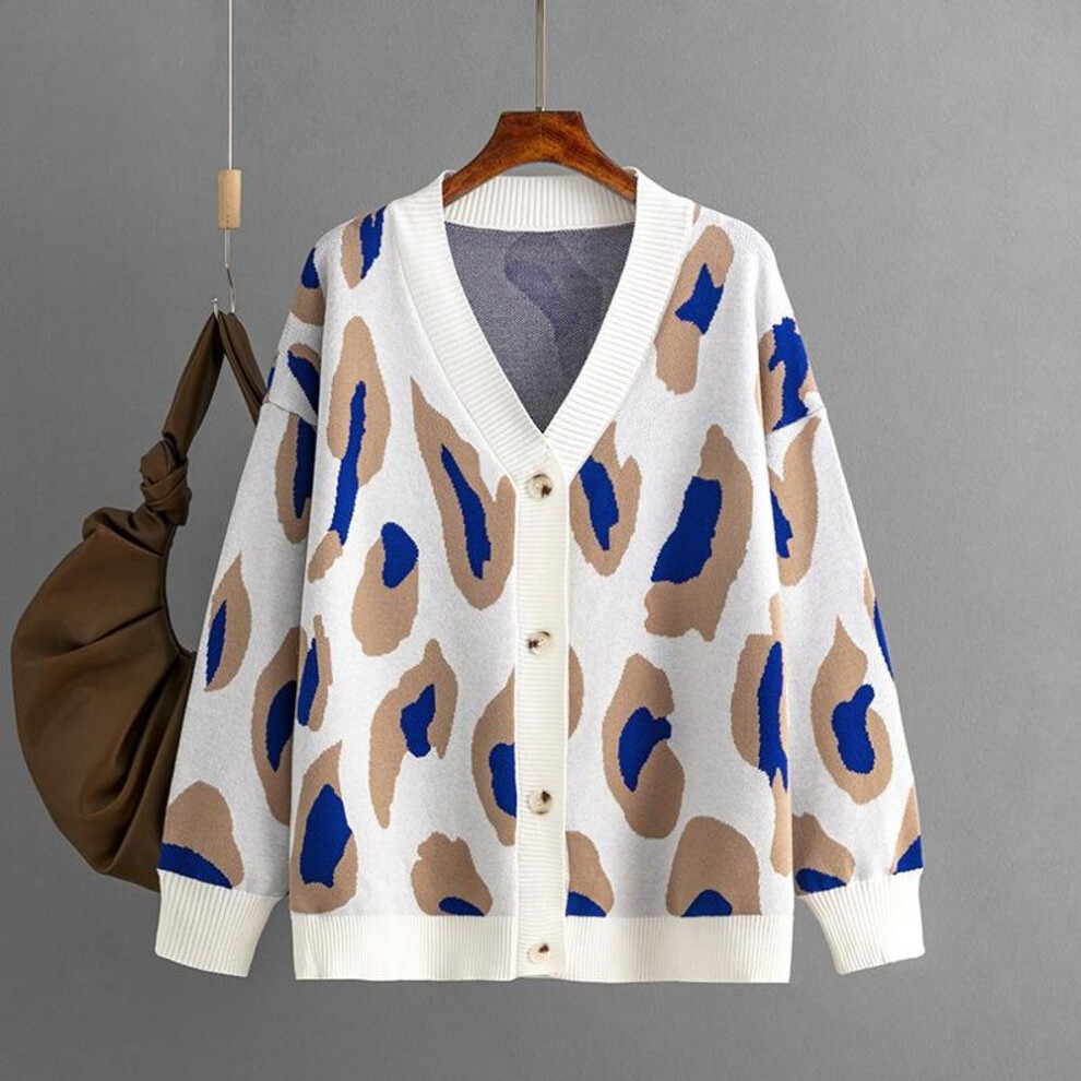 (average size, dark blue) New Color Leopard-print Pullover Knit Sweater Women's Fashion Loose All-in-one Long-sleeved Round Neck Autumn And Winter Fashion Coat