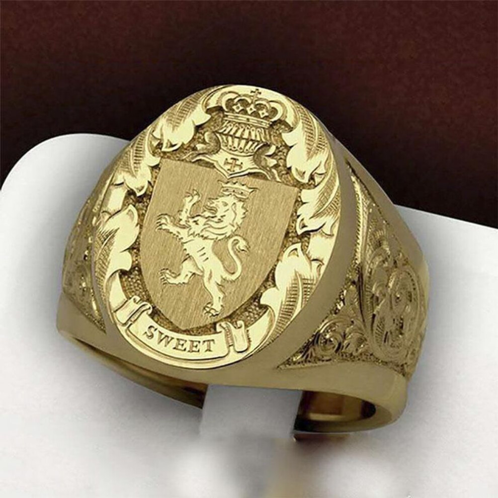 (as the picture, 9) Punk Exaggerate Gold Color Ring Men's Domineering Ring Lion Crown Pattern Stamp Logo Cocktail Party Finger Jewelry