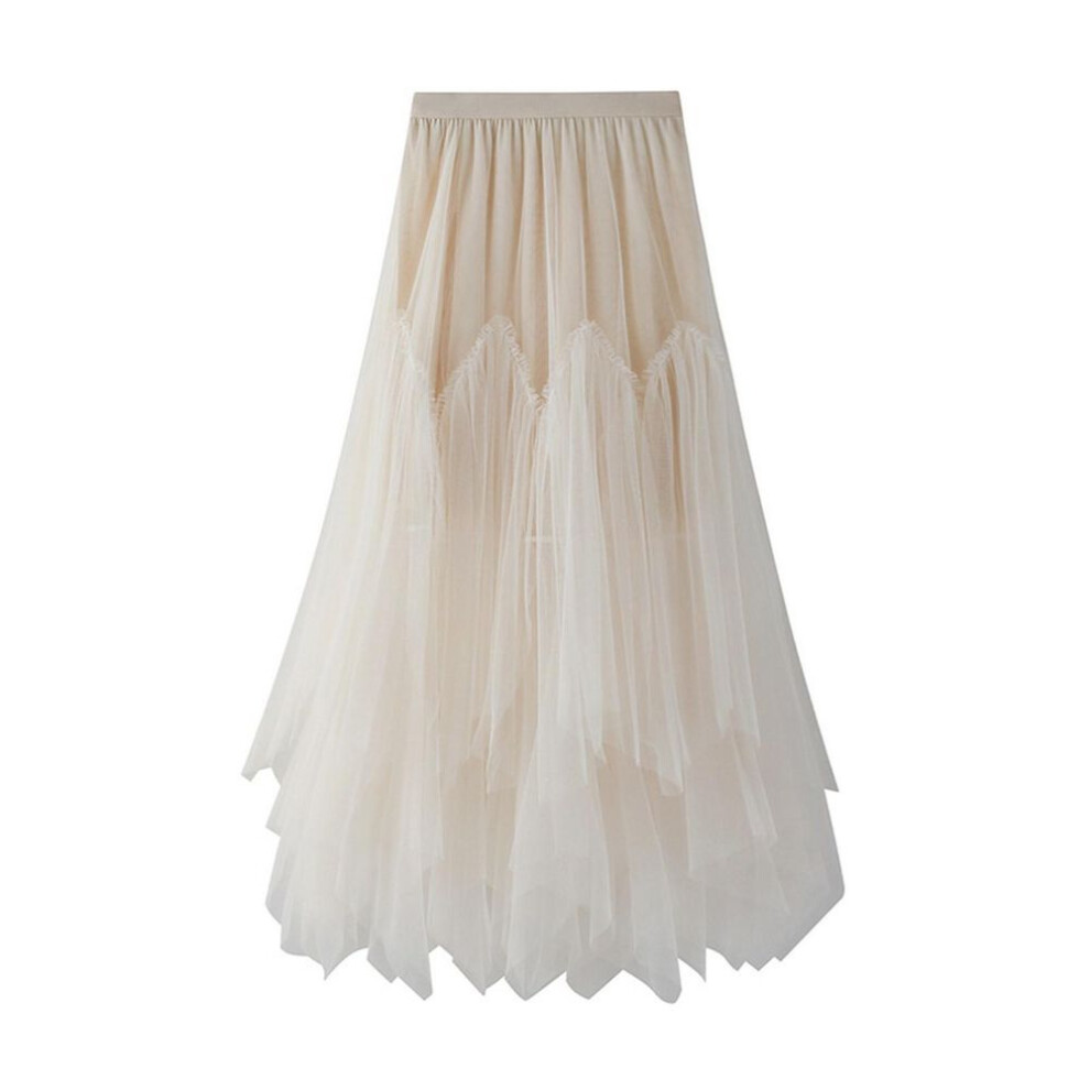 (One Size, beige) Women's Fashion Casual Solid Color High Waist Ruffle Splicing Mesh Half-body Skirt