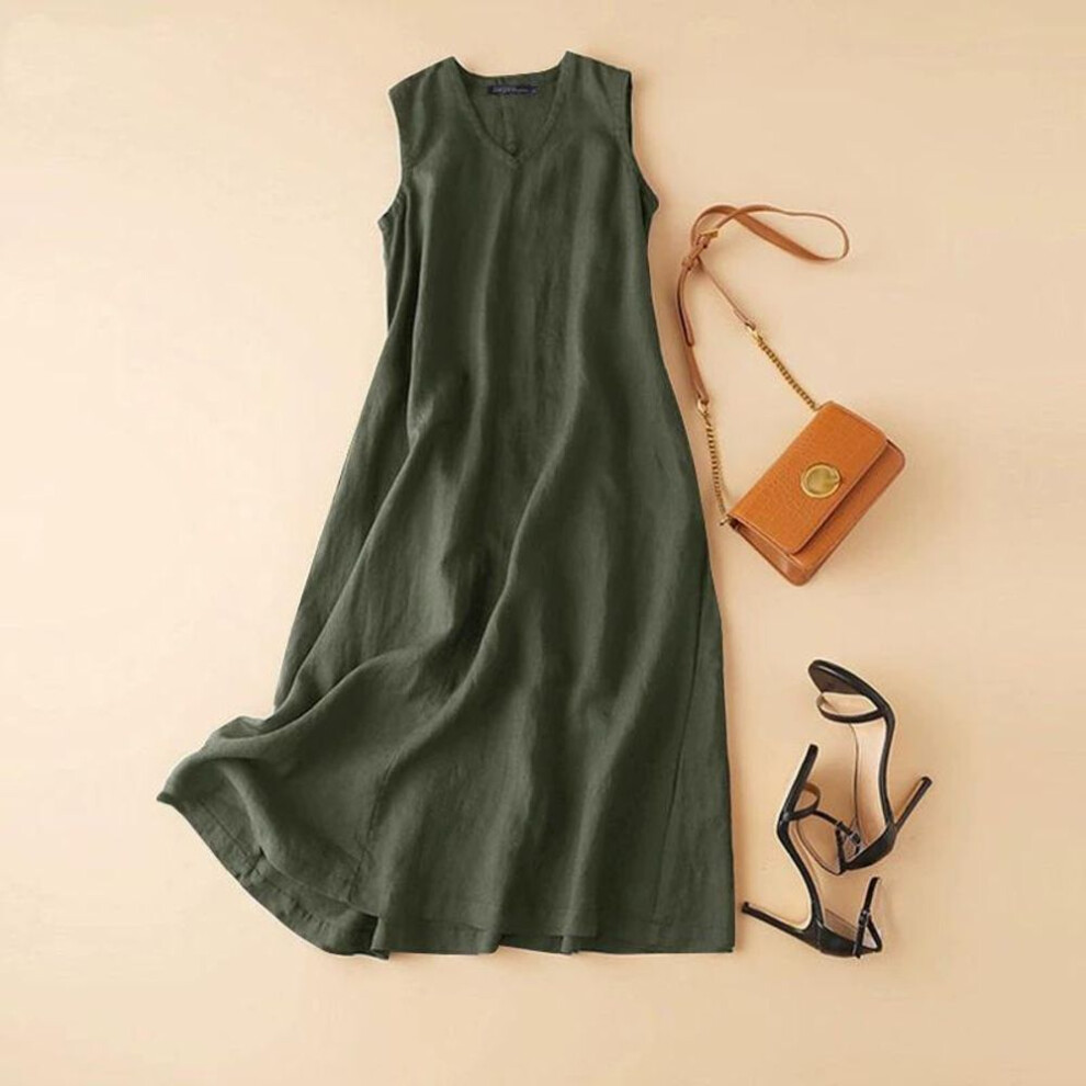 (green, S) Spring Summer Sleeveless Dress Women V-neck Solid Sundress Casual Loose Party Vestidos Femme Vintage Cotton And Linen Dress