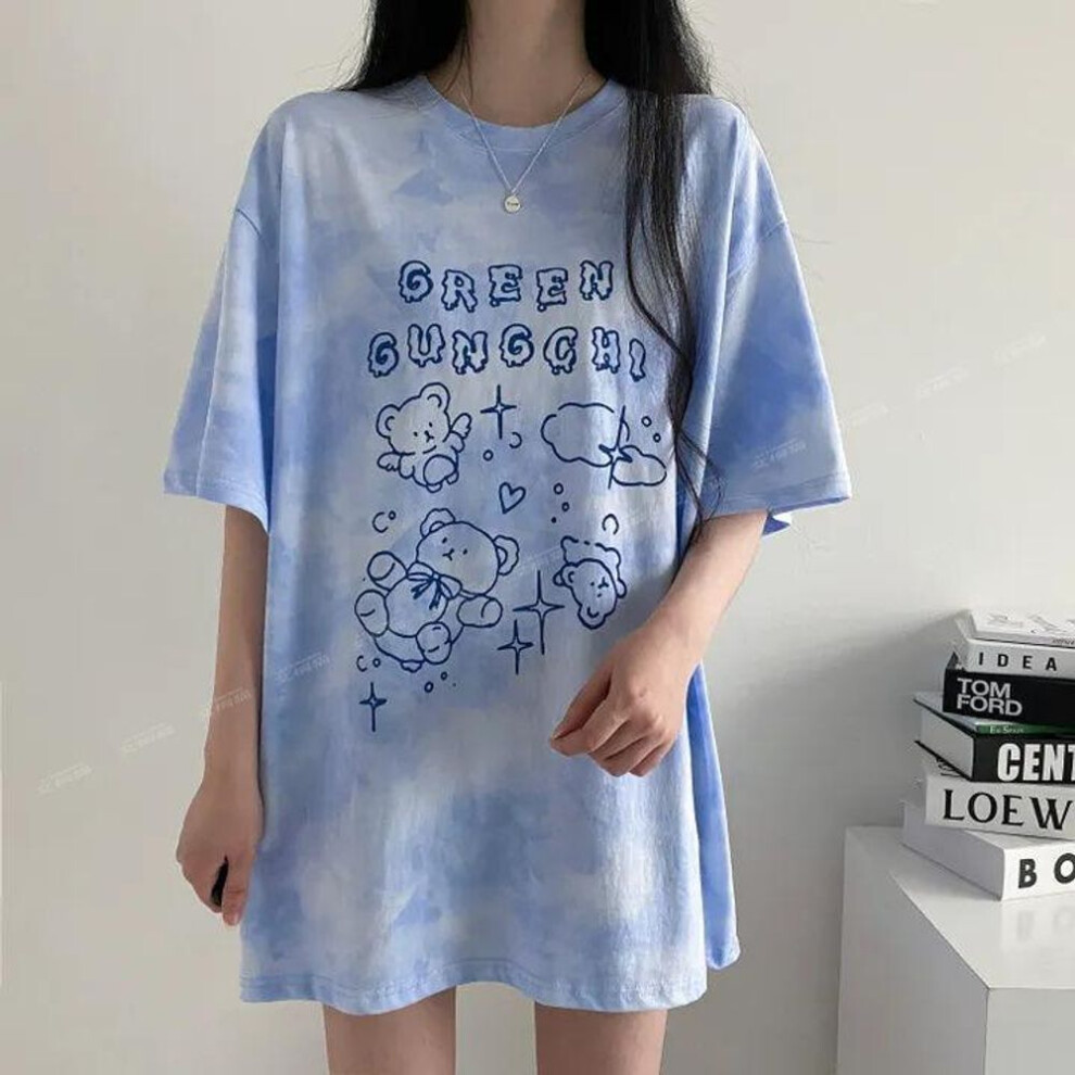 (XXXL, blue) Cotton Cute Bear Tshirt Streetwear Summer Oversized T Shirt Women Harajuku Short Sleeves Tops Tee Hip Hop Tie Dyed Tshirt Funny