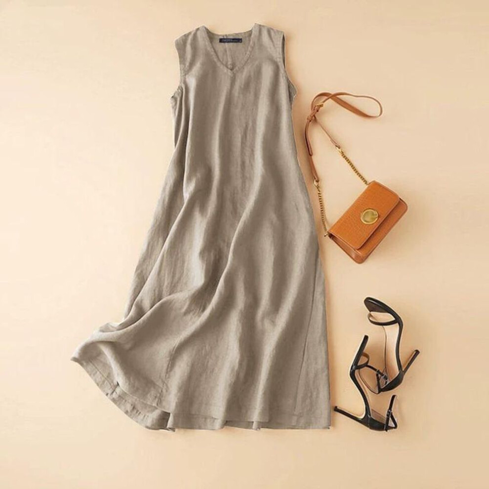 (khaki, M) Spring Summer Sleeveless Dress Women V-Neck Solid Sundress Casual Loose Party Vestidos Femme Vintage Cotton and Linen Dress