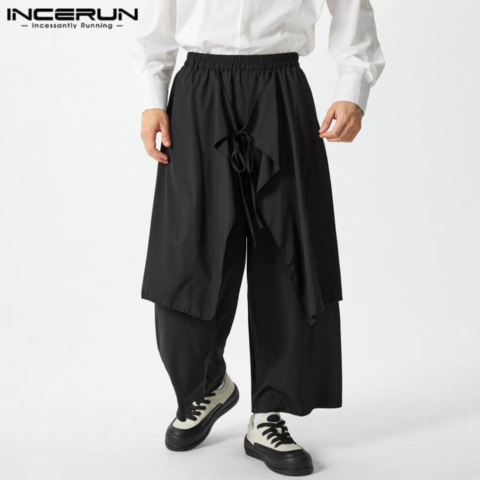 (black, XL) Incerun Men Elastic Waist Skirt Pants Bandage Pleated Gothic Culottes Trousers