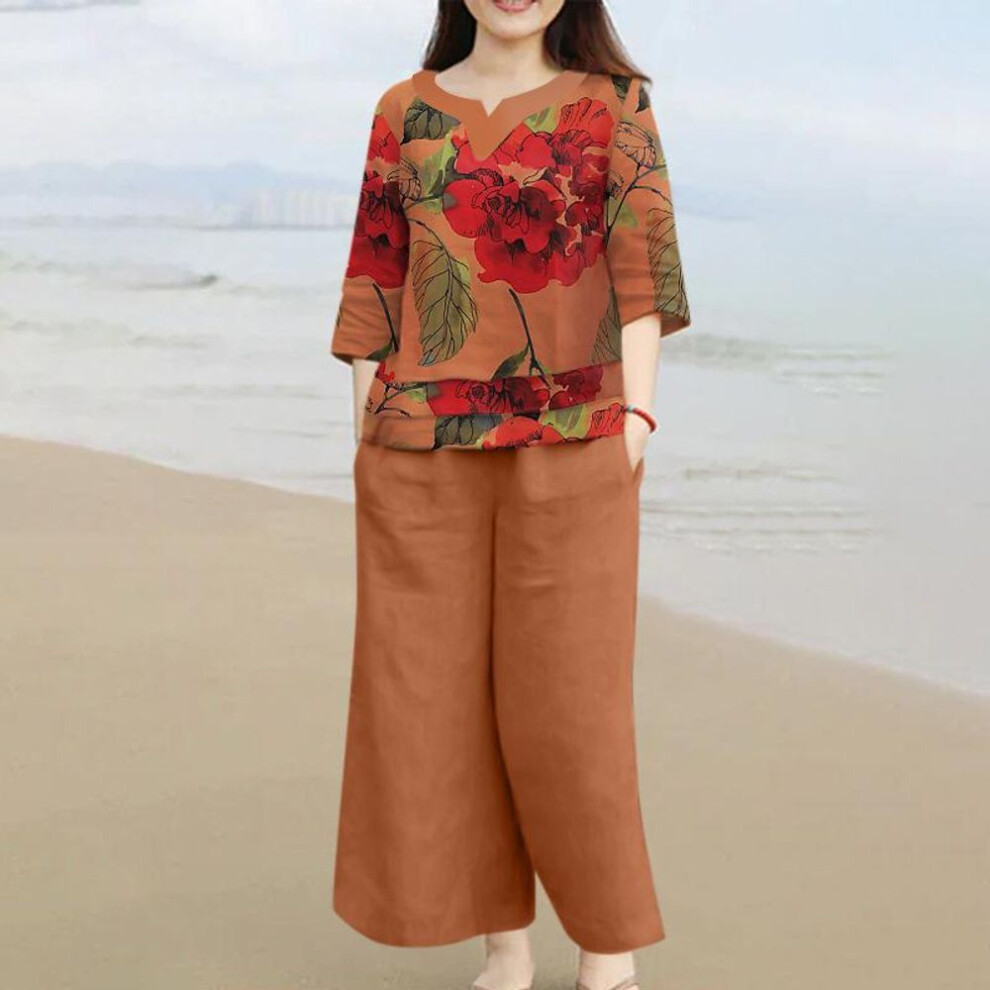 (yellow, S) Zanzea Women 3/4 Sleeve Blouse And Pants Floral Print Two Piece Sets