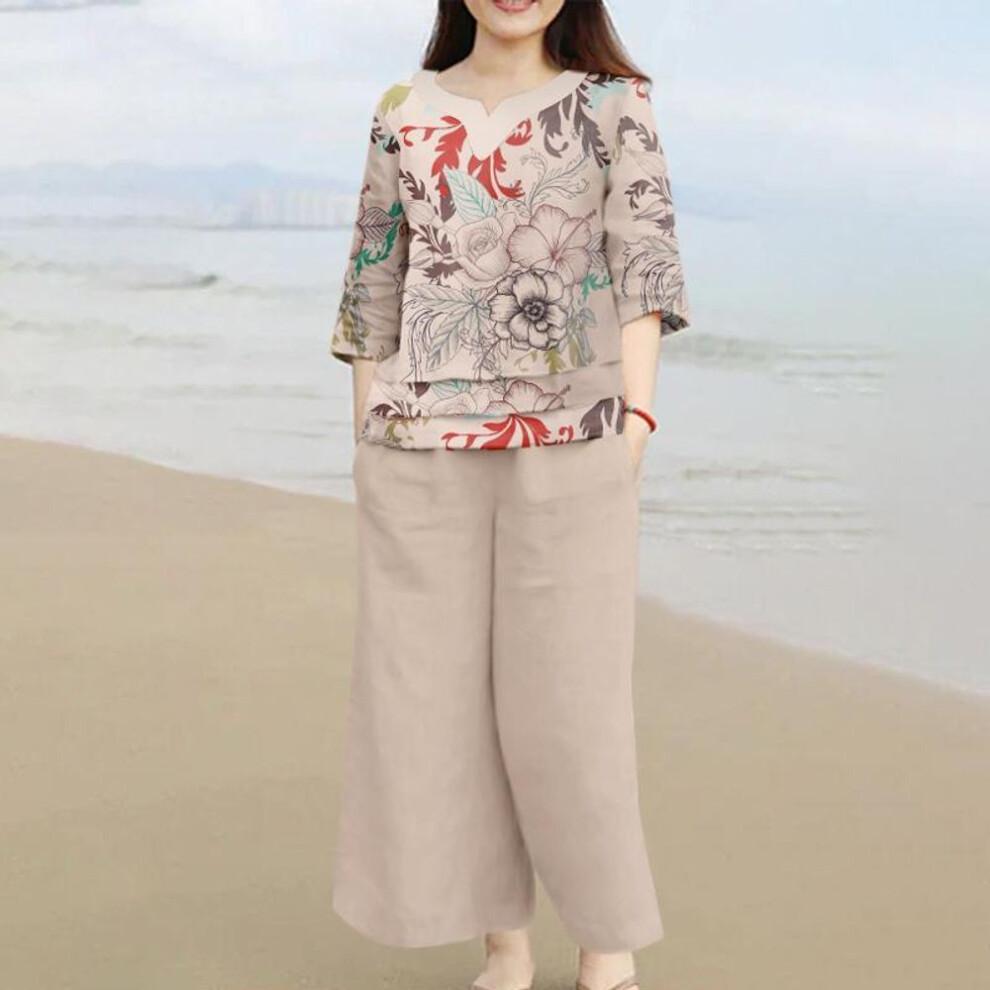 (beige, XL) Zanzea Women 3/4 Sleeve Blouse And Pants Floral Print Two Piece Sets