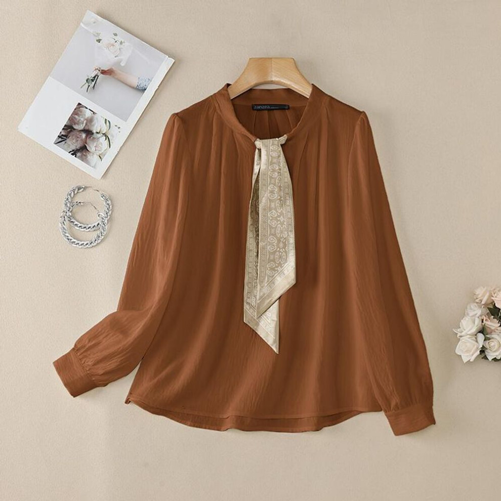 (4XL, brown) ZANZEA Women Casual Bow Collar Long Sleeve Loose Blouse