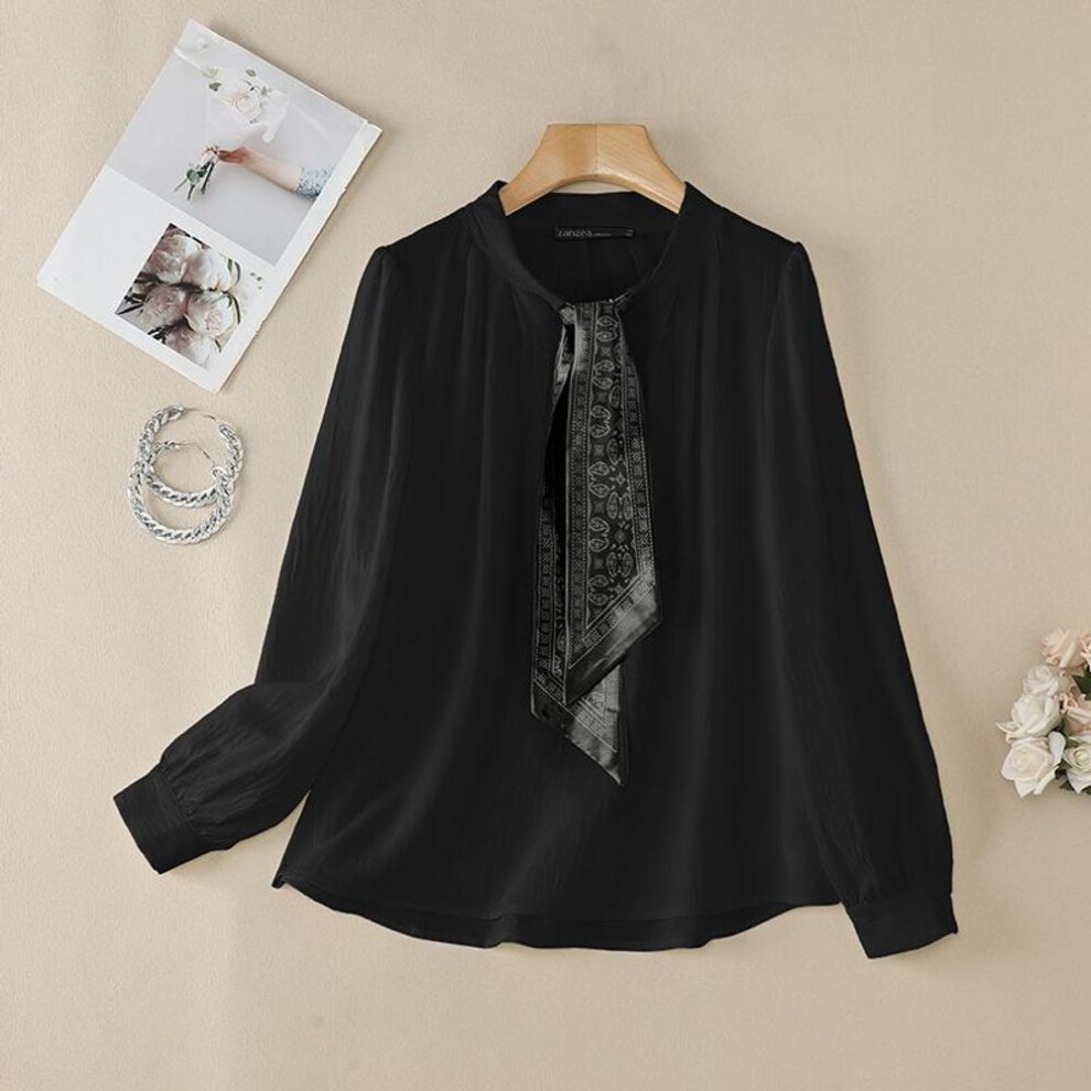 (L, black) ZANZEA Women Casual Bow Collar Long Sleeve Loose Blouse