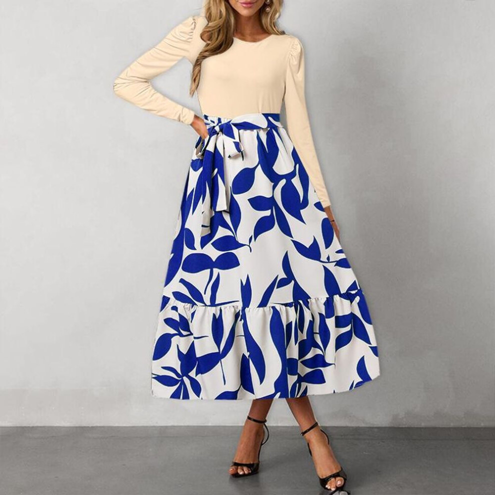 (blue, L) Vonda Women Vintage Round Neck Contrast Long Sleeve Floral Print A-line Dresses