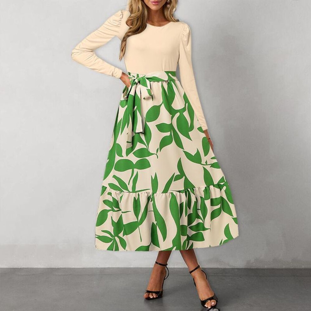 (green, 2XL) VONDA Women Vintage Round Neck Contrast Long Sleeve Floral Print A-Line Dresses