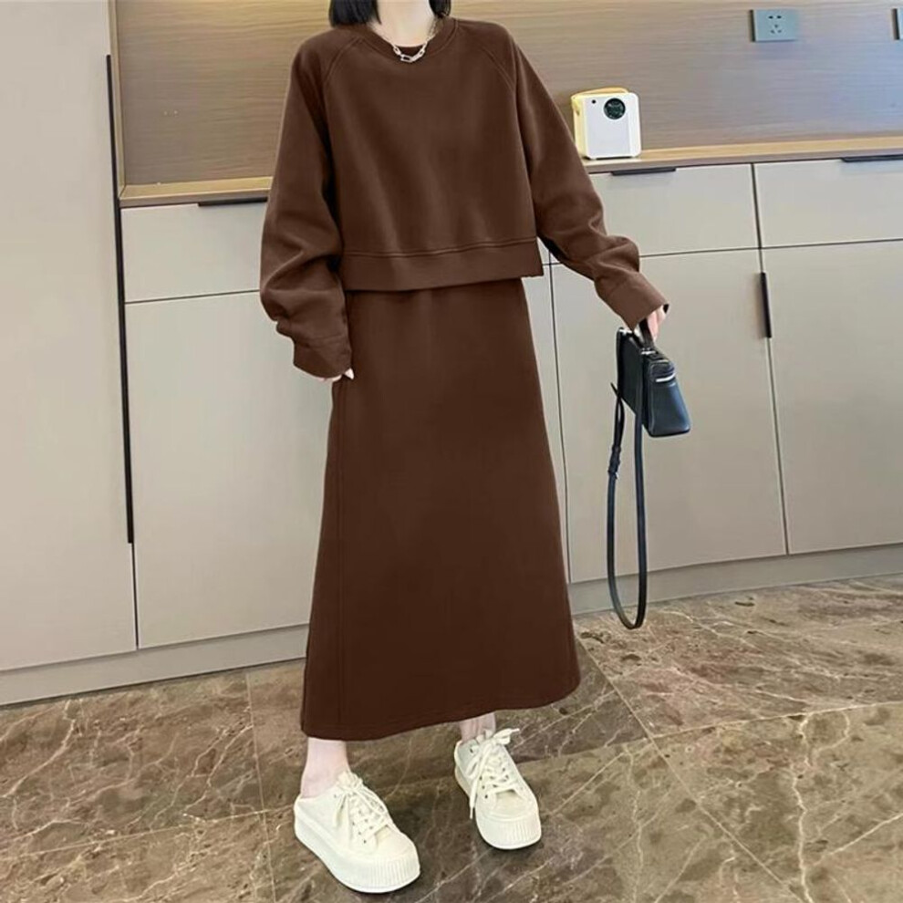 (brown, 2XL) Zanzea Women Sweatshirt And Long Skirt Two Piece Suit Sets