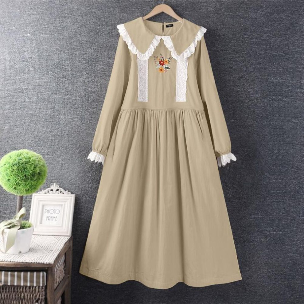 (khaki, 2XL) VONDA Women Casual Lace Lapel Long Sleeve Printed Dresses