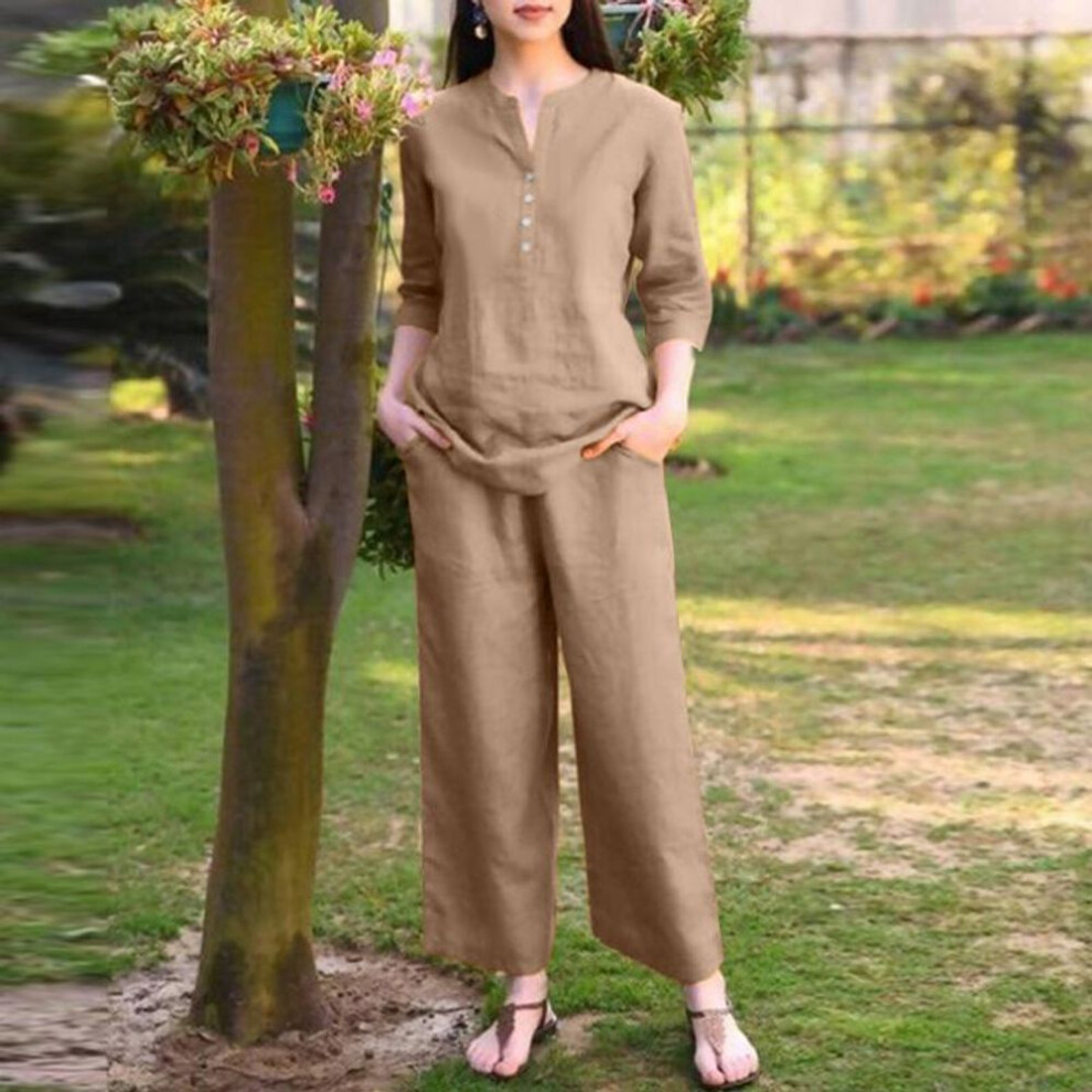 (khaki, M) Zanzea Women Blouse And Pants Summer Casual Two Piece Suit Set