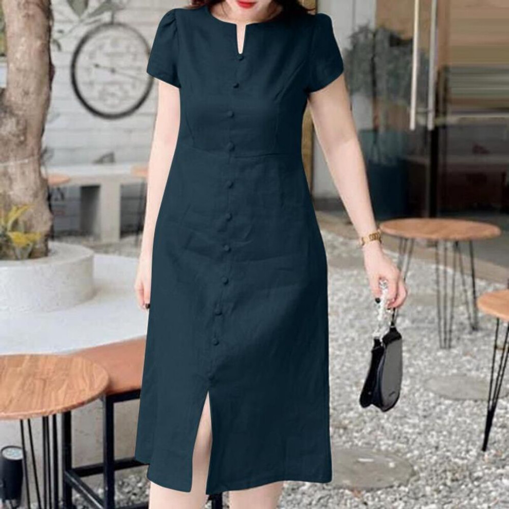 (blue, XL) ZANZEA Women Casual O-neck Solid Color Summer Short Sleeve Dress