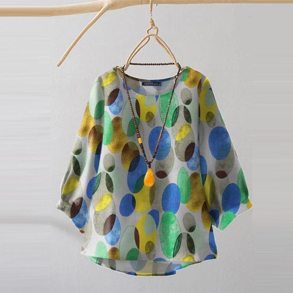 (S, blue) ZANZEA Women Round Neck 3/4 Sleeve Casual Print Blouse