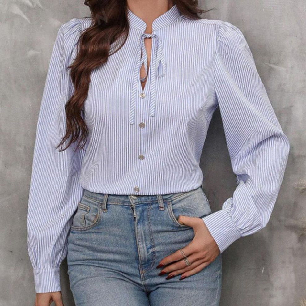 (XL, light blue) Ladies Elegant Spring Summer French Long Sleeve Striped Pullover All Match Blouse Shirt Top