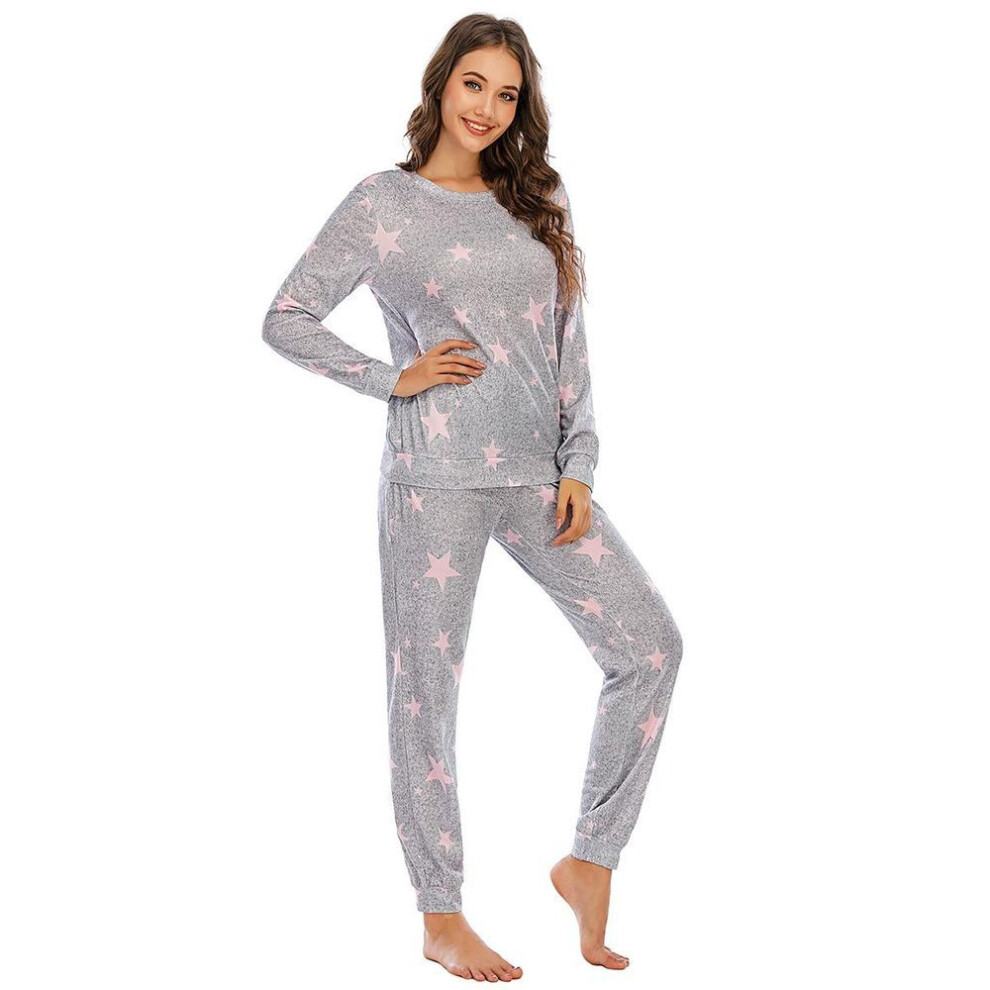 (XXL, grey,pink) Bright Deer Women's Christmas Pajama Set Star Print Long Sleeve Top And Jogger Lounge Co-ord 2 Piece Matching Ladies Pjs Cute Cosy Sleep Casual Wear