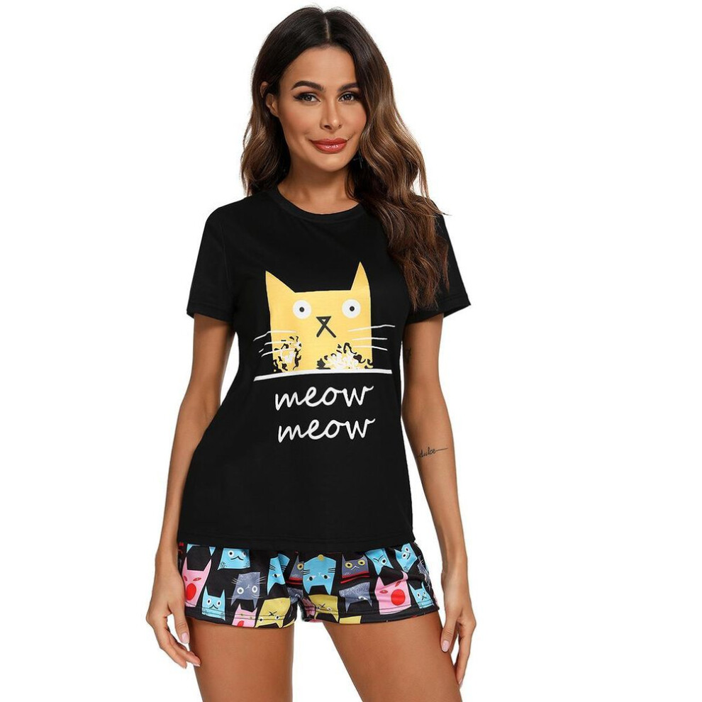 (S, multicolor,black) Women Pajamas Short Set Coffee Avocado Cat Cartoon Print Tee And Shorts 2 Piece Pjs Ladies Soft Cotton Lounge Casual Nightwear Sleeping Suits