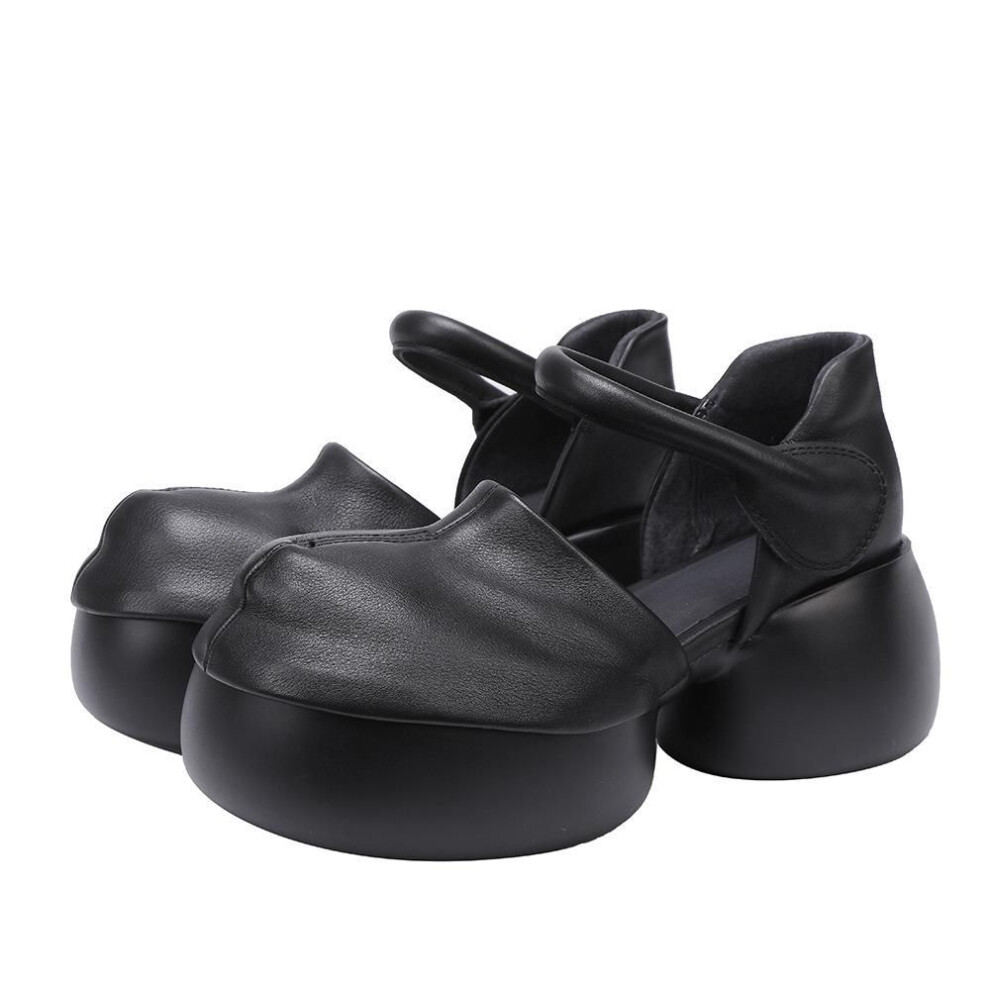 (black, 35) Johnature Vintage Genuine Leather Sandals Round Toe Solid Color Versatile Women's Platform Shoes