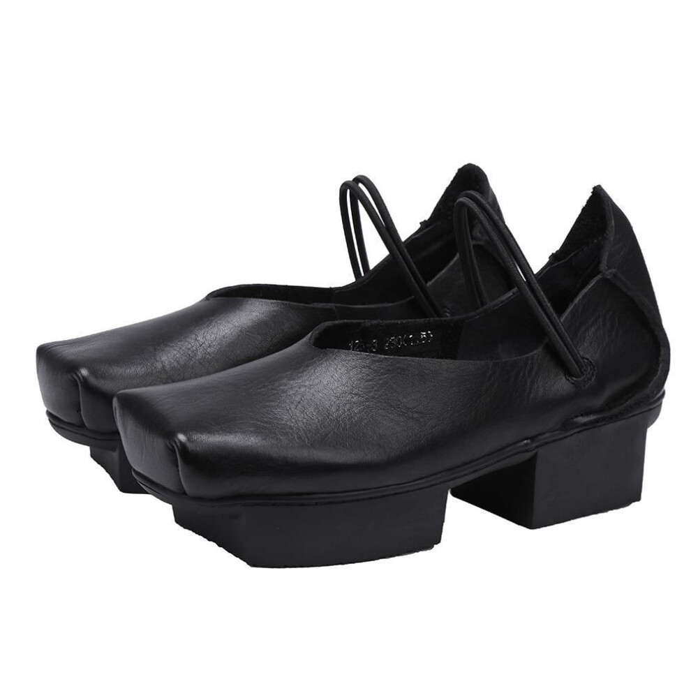 (black, 39) Johnature Vintage Real Cowhide Square Toe Women's Shoes Versatile Genuine Leather Middle Heel Pumps