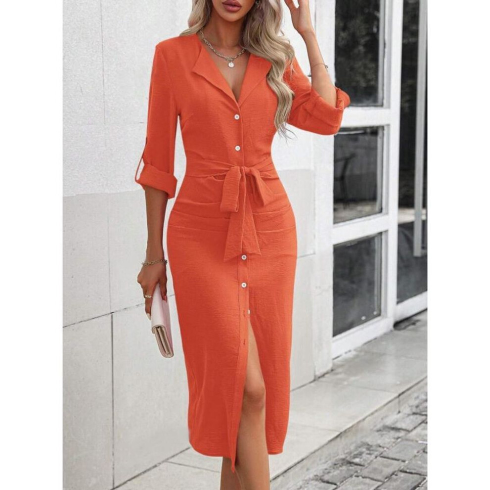 (orange, S) 2024 European & American Solid Color Lapel Slit Long Dress with Waist Tie for Women