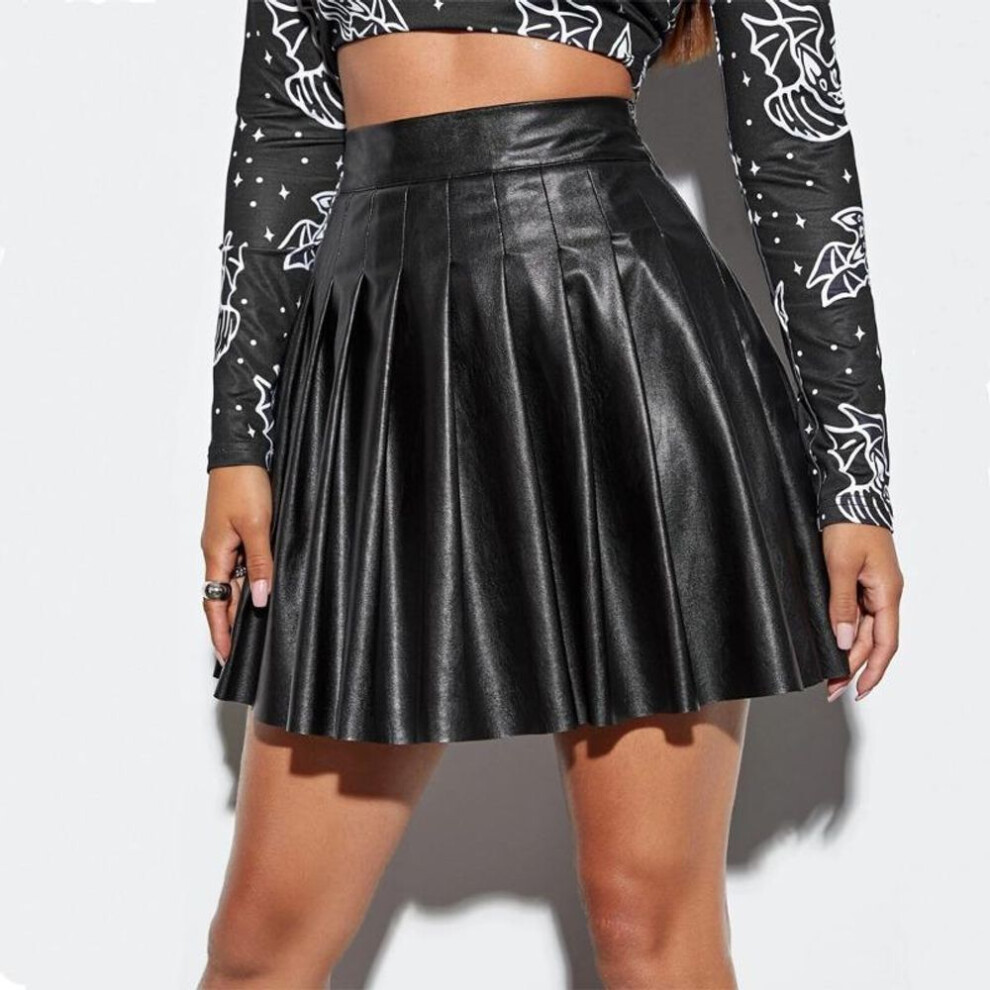 (M, black) PU Pleated Skirt Plus-size Skirt Women Fashion Handsome Leg Long High Waist Tight Thin Pure Color Pure Spice Girl Style Skirt