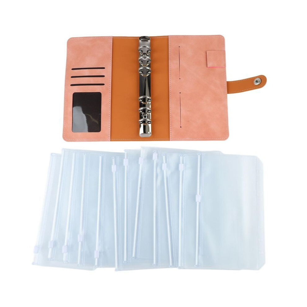 (pink) Budget Binder A6 Multiple Pockets Stainless Steel Rings PU Leather Cover Portfolio Binder for