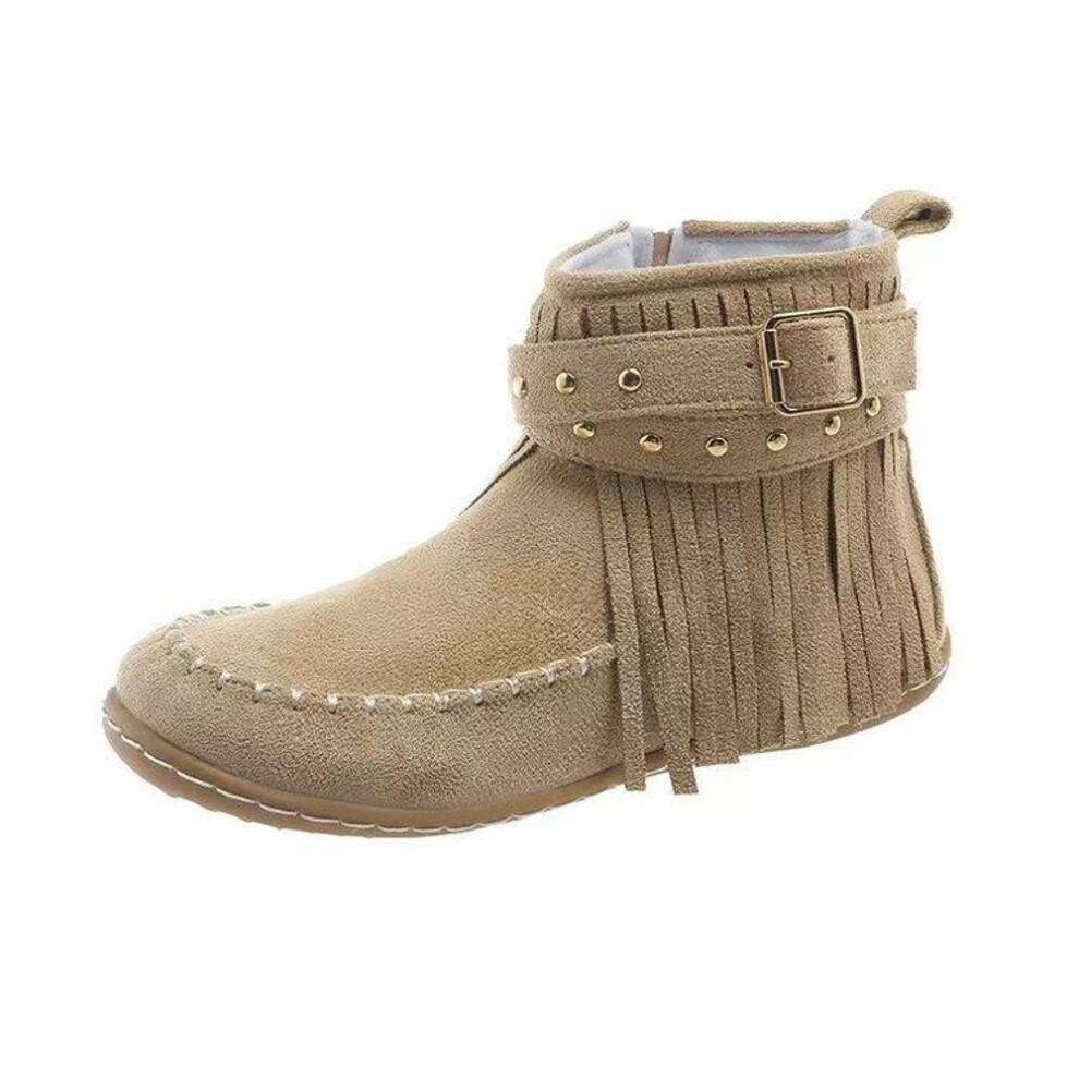 (off white, 41) 2023 European & American Women's Suede Flat Tassel Ankle Boots with Rivet Buckle