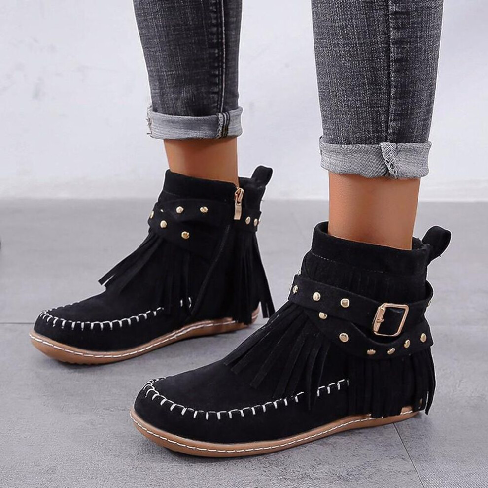 (black, 39) 2023 European & American Women's Suede Flat Tassel Ankle Boots with Rivet Buckle