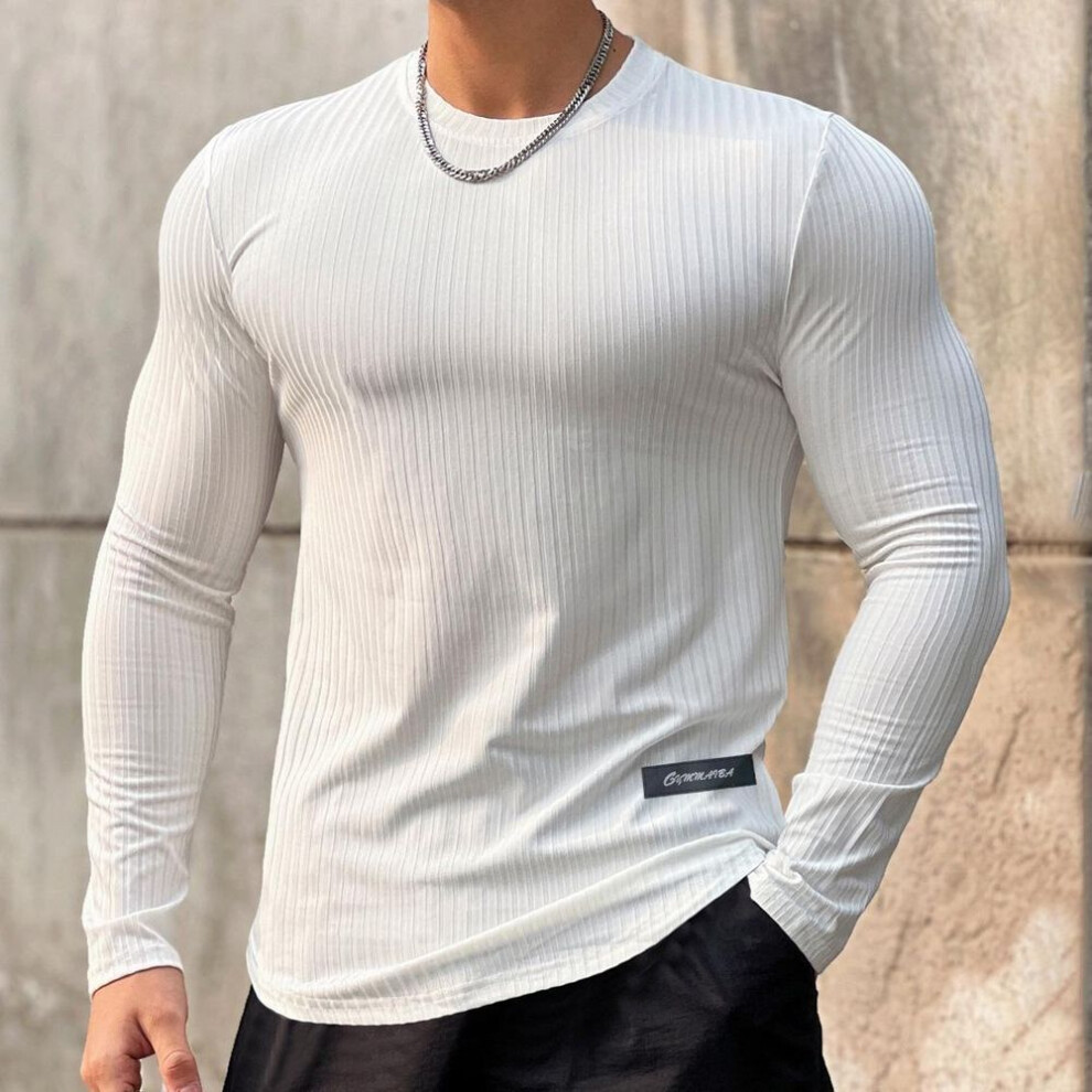 (white, L) Men's Quick-Dry Striped Fitness Long Sleeve Sports T-Shirt